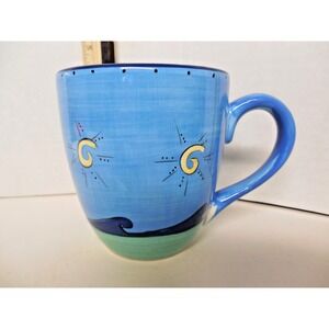 K.I.C.  Brushes Hand Painted Coffee Mug Cup 14 oz Ocean Waves / Stars